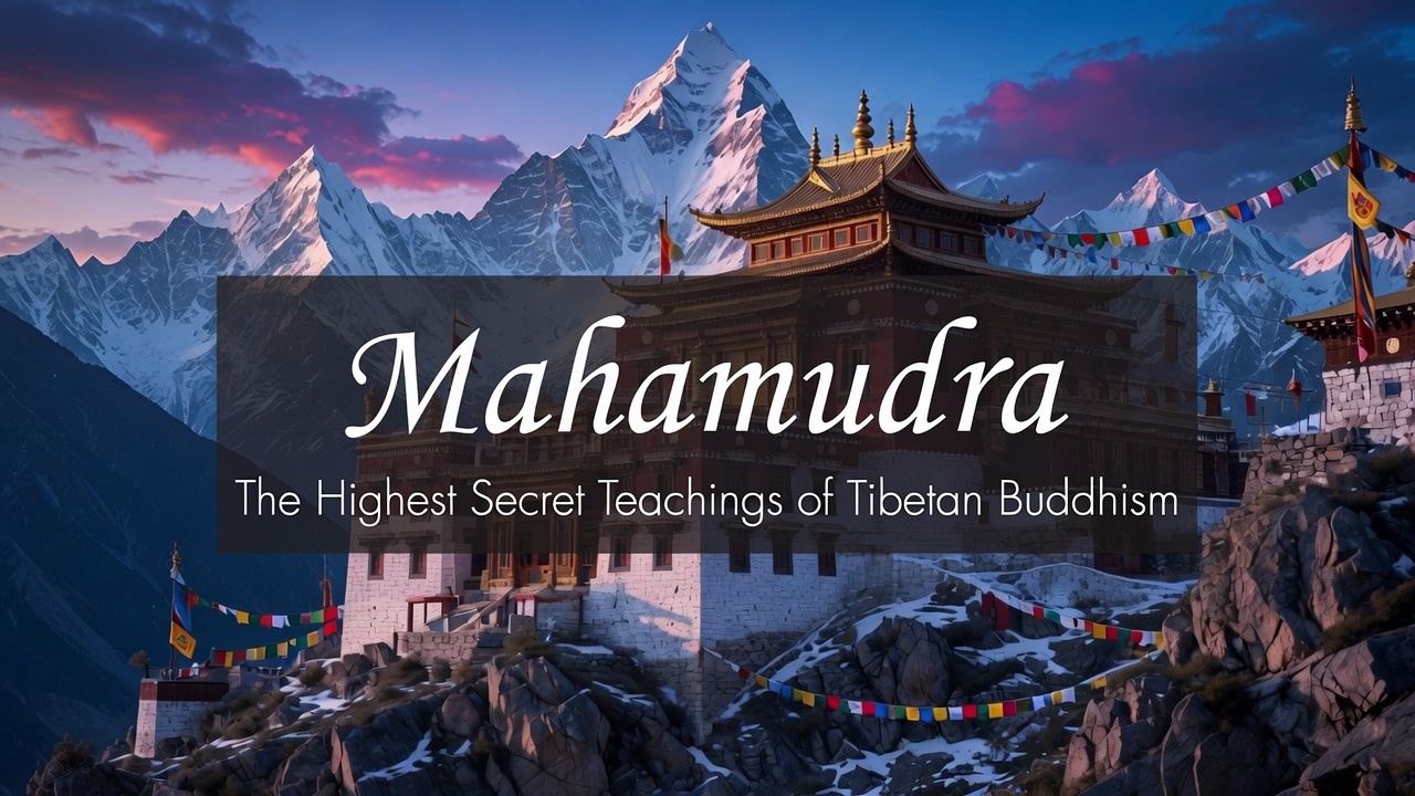 Mahamudra: The Highest Secret Teachings of Tibetan Buddhism. The course title over a Himalayan mountain landscape with a Tibetan monastery.