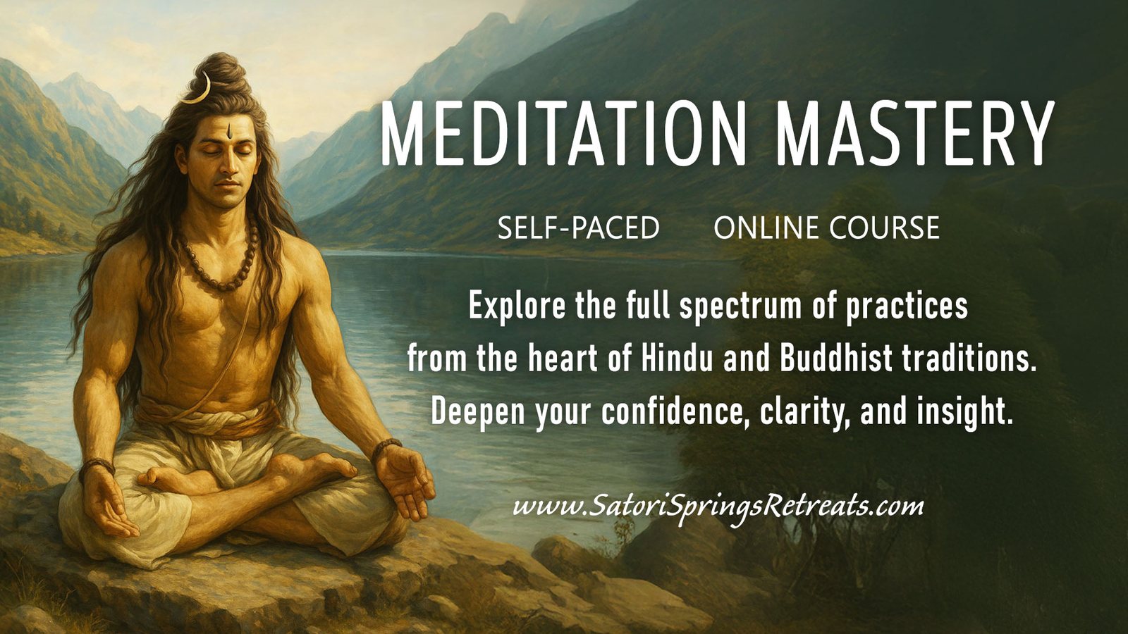 Meditation Mastery: a self-paced online course exploring practices from the Hindu and Buddhist traditions. A painted figure meditating on a rock beside a mountain lake.
