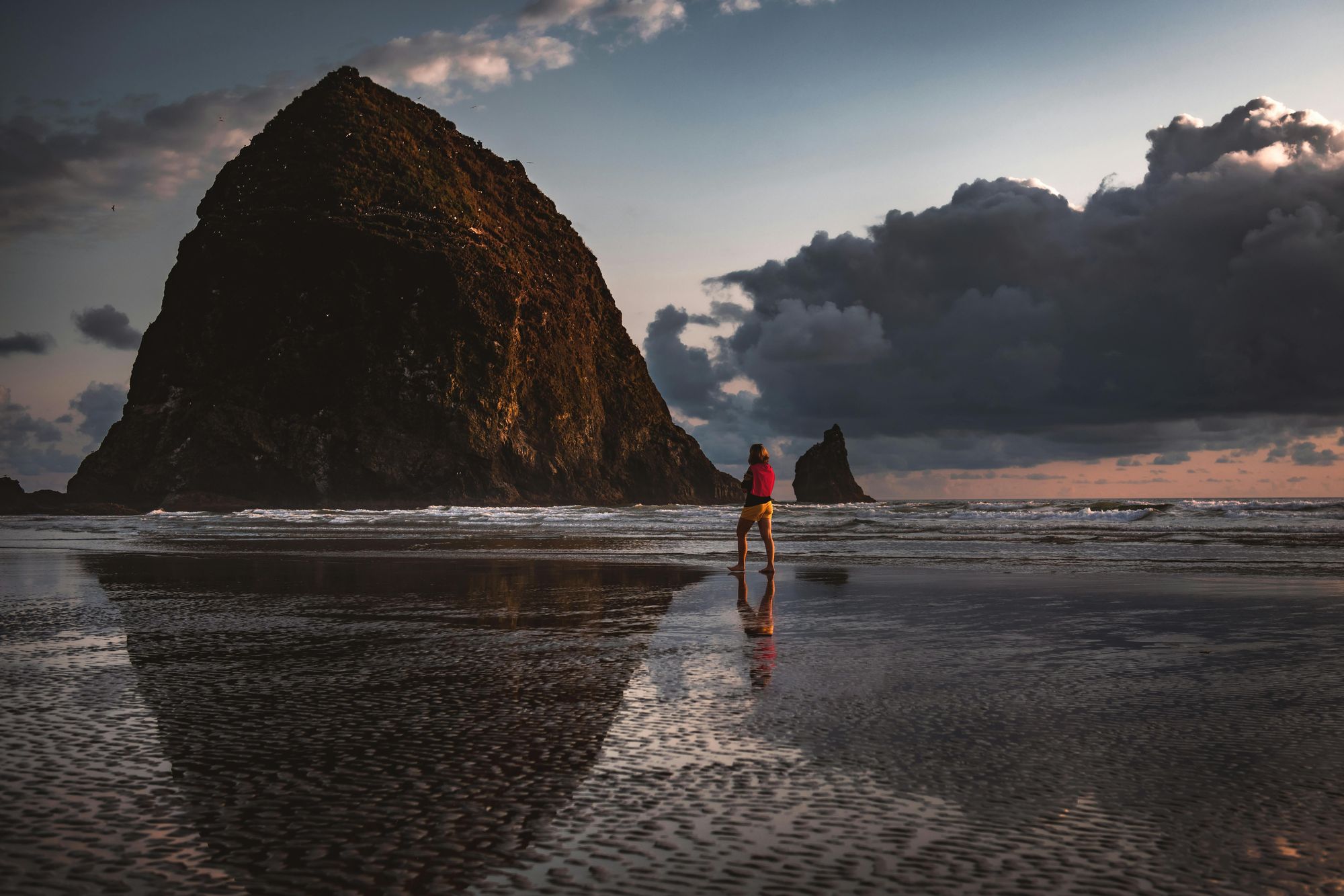 A lone figure on wet sand at dusk beside a towering sea stack