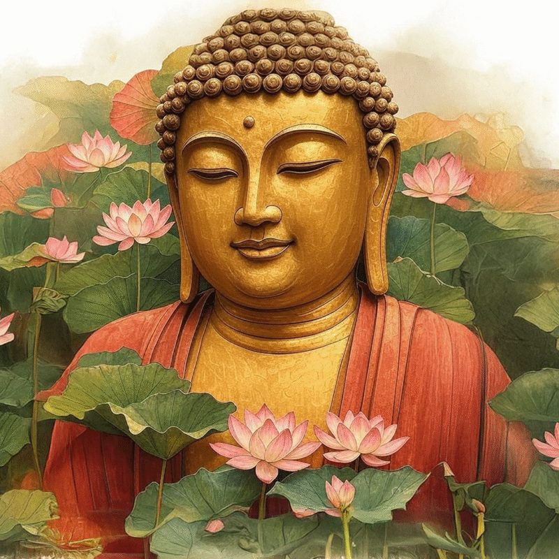 Painted image of a golden seated Buddha surrounded by pink lotus flowers