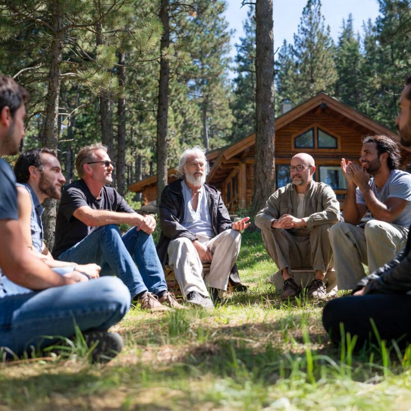 A small group sitting in a circle on the grass outside a log cabin, listening to a white-bearded teacher